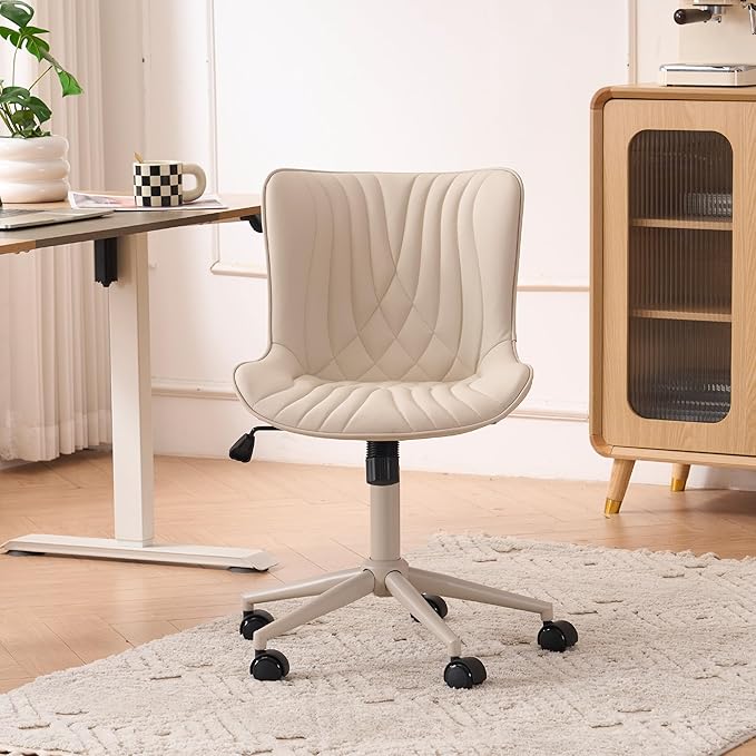 YOUTASTE All Cream Office Chair, Modern Armless Desk Chair with Back, Adjustable Swivel Rolling Faux Leather Task Chair with Wheels Metal Base for Home Office, Study, or Vanity