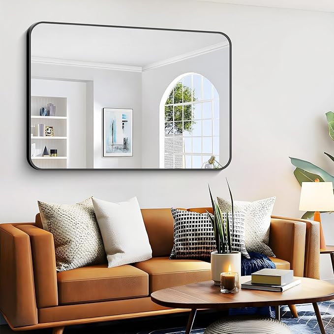Large Bathroom Mirror, 60 x 40 inch Black Rectangle Mirror, Metal Framed Rectangular Vanity Mirror, Rounded Corner Wall Mounted Mirror for Over Sinks Bedroom Living Room Horizontal/Vertical