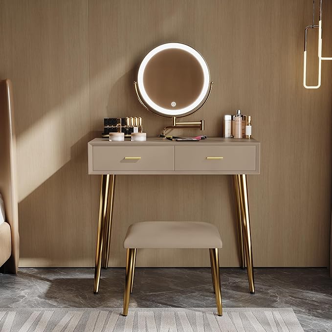 Vanity Desk with Adjustable Mirror and Lights, Makeup Desk with Drawers and Chair, Dressing Table Set with Leather Surface, Small Vanity Table for Bedroom, 3 Lighting Modes (Cappuccino)