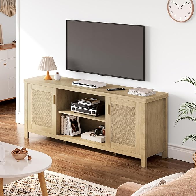 Rattan TV Stand for TVs up to 65'',Boho Entertainment Center with Adjustable Shelves, Mid Century Modern Media TV Console Cabinet with Rattan Doors for Living Roon Bedroom Natural LTV91Y