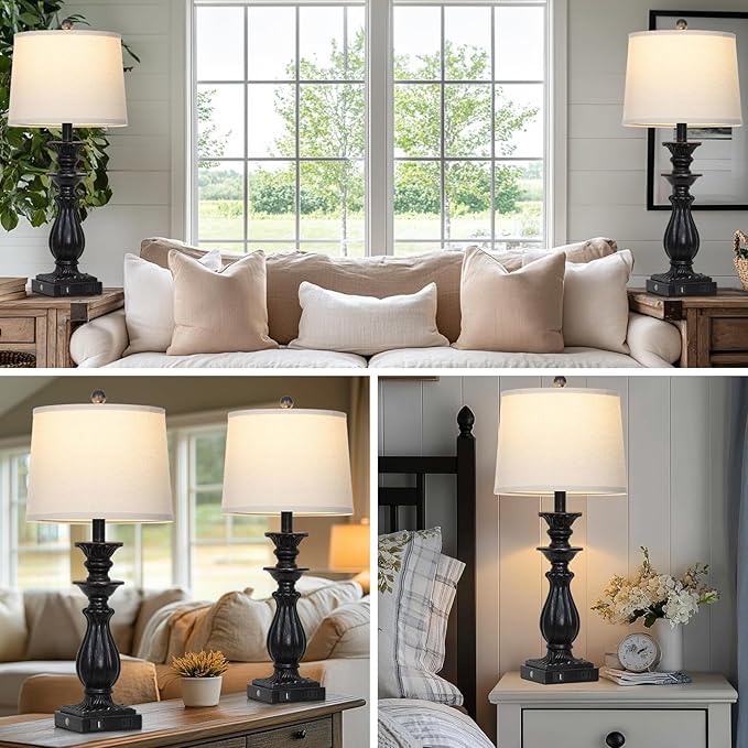 28" Farmhouse Table Lamps Set of 2 for Living Room, 3 Way Dimmable Bedside Lamp with USB C+A Ports & AC Outlet, Resin Vintage Tall Nightstand Lamps for Bedroom Office Hallway, Black