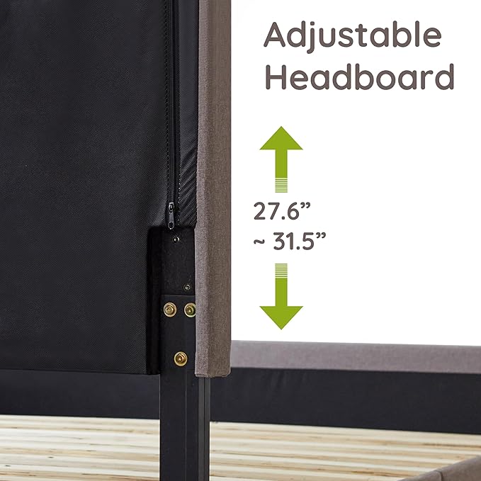 Livinia Amelia Twin Size Platform Bed, Fabric Upholstered Twin Bed Frame with Height Adjustable Headboard Footboard, Strong Wood Slats, No Box Spring Needed, Brown