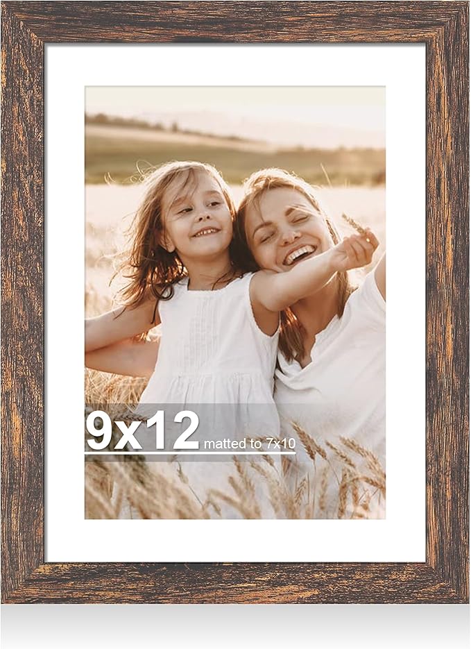 9x12 Picture Frame with Glass, Display Pictures 7x10 with Mat or 9 x 12 without Mat - Wall and Tabletop, 9 by 12 Photo Wooden Frames (Rustic Brown, 1 Pack)