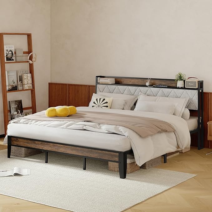 Sweetcrispy King Bed Frame with Headboard,Spacious Underbed Storage,Integrated Charging Station,Durable Squeak-Free Frame,Simple No-Tool Assembly,Works with King Mattress No Box Spring Required