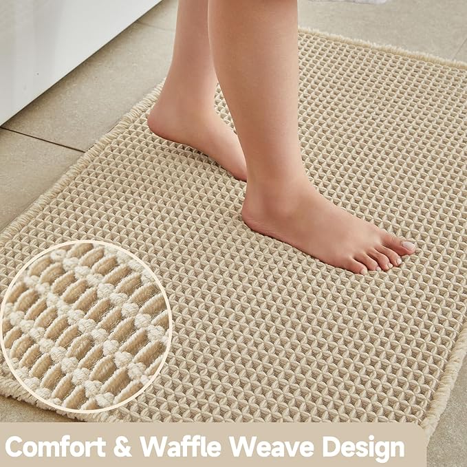 Pale Beige Bathroom Rug, Waffle Bath Mat Non Slip Washable Super Absorbent Quick Dry Boho Farmhouse Bathroom Decor, 48''x24'' Pale Beige
