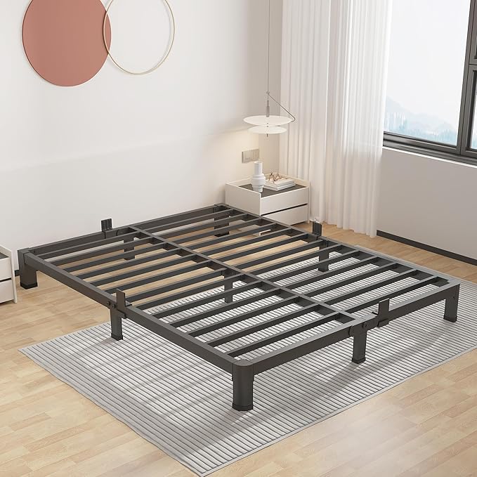 ROIL 4 inch Metal Queen Bed Frame with Rounded Corner Mattress Retainers 3500LBS Heavy Duty Steel Slats No Box Spring Needed Platform Noise-Free Easy Assemble