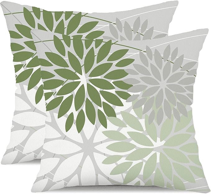 DFXSZ Outdoor Throw Pillow Covers 18x18 Inch Set of 2 Waterproof Spring Summer Geometric Elegant White Green Outdoor Pillow Covers for Patio Funiture Garden Couch 158D18