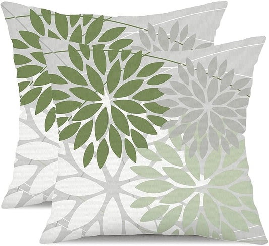 DFXSZ Outdoor Throw Pillow Covers 18x18 Inch Set of 2 Waterproof Spring Summer Geometric Elegant White Green Outdoor Pillow Covers for Patio Funiture Garden Couch 158D18