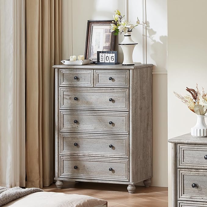 Farmhouse 6 Drawer Dresser Set of 2, Grey Chest of Drawers, 43.5" Tall Dressers for Bedroom with Roman Column and Metal Handles, Rustic Wood Storage Organizer for Living Room, Hallway, Closet