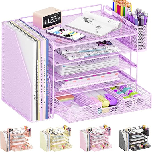 Desk Organizers and Accessories with File Holder, 5-Tier Office Desk Accessories & Workspace Desktop Organizer with Drawer and 2 Pen Holder, File Paper Organizer for Office Supplies(Purple)