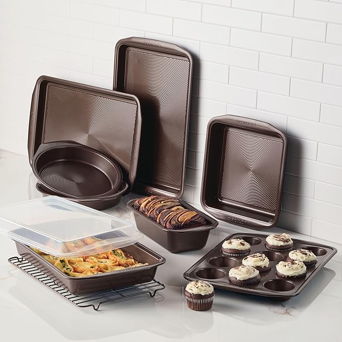 Circulon Nonstick Bakeware Set with Nonstick Bread Pan, Baking Pans, Baking Sheets, Cookie Sheets, Cake Pan and Muffin Pan / Cupcake Pan - 10 Piece, Chocolate Brown