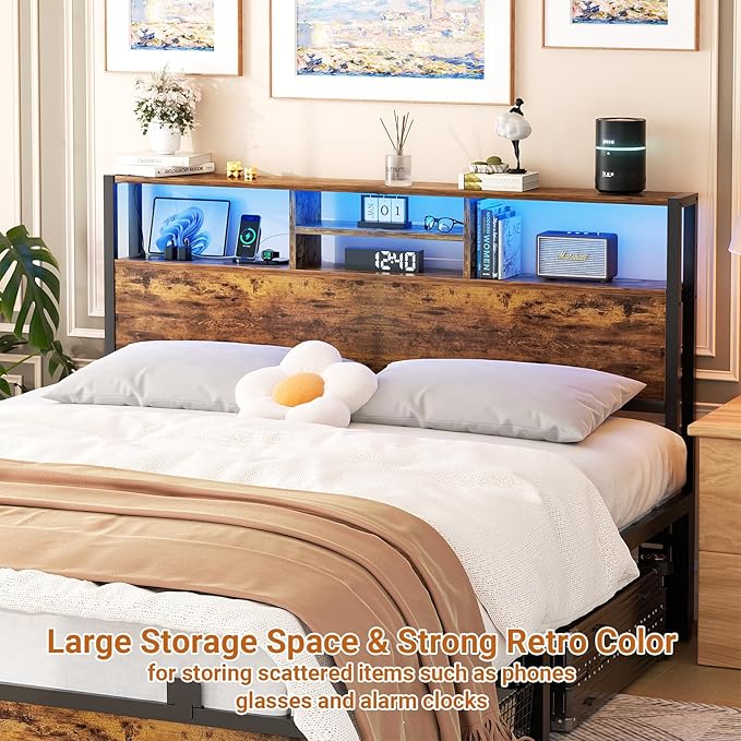 Aheaplus Headboard for Queen Size Bed with Storage, Headboards with Outlets, USB Ports and LED Light, Queen Head Board Only, Height Adjustable, Reversible, Sturdy and Stable Headboard, Rustic Brown
