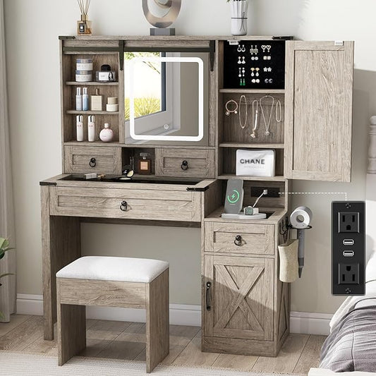 Farmhouse Makeup Vanity Desk with Sliding Mirror and Lights, 42" Glass Top Vanity Table with Charging Station & 4 Drawers & 2 Cabinets, Vintage Vanity Set for Bedroom, Driftwood Gray