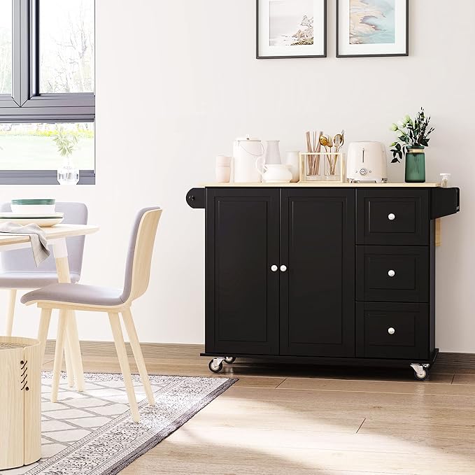 HOMCOM Mobile Kitchen Island with Drop Leaf, Storage Trolley Cart on Wheels, Towel/Spice Rack, 3 Drawers, 2-Door Cabinet, Black
