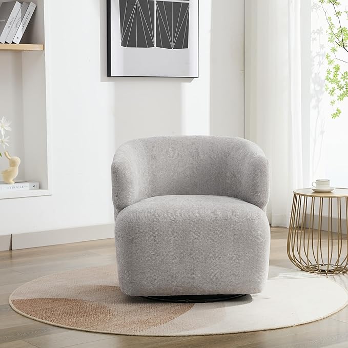 Swivel Accent Chair, Chenille Barrel Chair for Living Room, Cozy Round Boucle Arm Chair, Metal Base for Club Nursery Bedroom, Light Grey