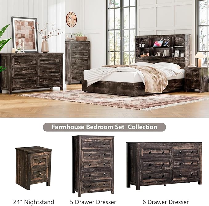 Farmhouse 6 Drawers Dresser, Wood Rustic Chest of Drawer for Bedroom, Closet Storage Dressers Organizer, 6 Drawers Chest for Living Room, Hallway, Dark Rustic Oak