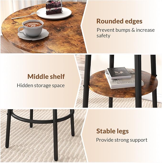 3 Pieces Round Bar Table Set, Small Dining Table for 2, Modern Kitchen Bar Table, Breakfast Table with Storage, 2 Thickened Cushion Stools with Backrest for Dining Room, Bistro-Brown