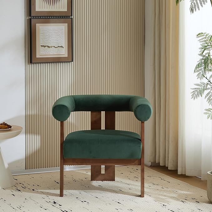 Christopher Knight Home Modern Velvet Upholstered Accent Chair for Living Room, Home Office, Apartment, Arm Chair with Curve Backrest and Birch Wood Legs, Three Legs Structure, Forest Green and Brown