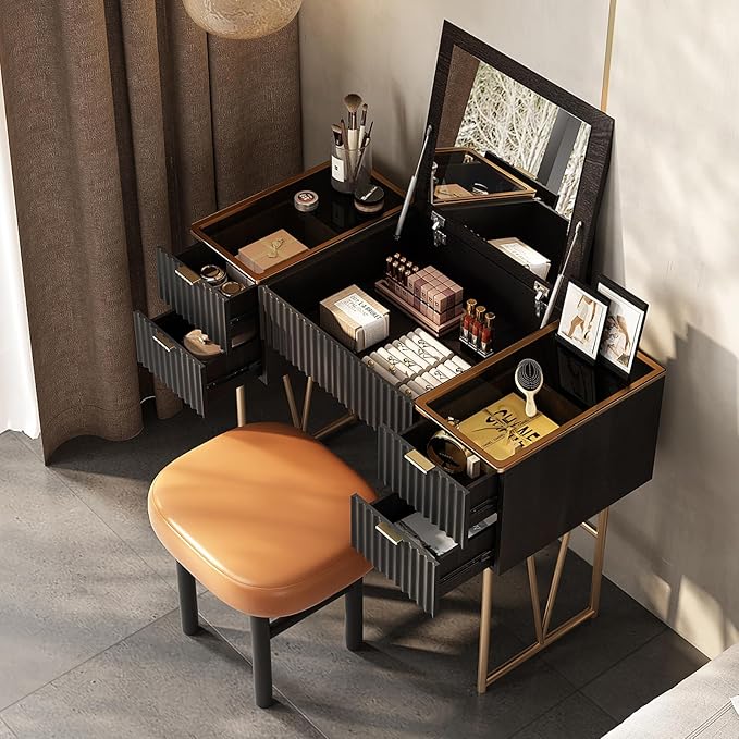 Lartis Flip Top Vanity Table Stylish Makeup Vanity with Stool, Makeup Vanity Desk, Reversible Makeup Mirror, Hidden Storage Compartment,Very Easy to Assemble
