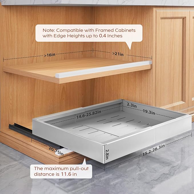 2 Pack Pull Out Cabinet Organizers 21" Deep With Raising Pad for Framed Cabinets, Expandable Width (15.2"-26.3") Slide Out Drawers Upgrade 3 Slide Rails, Roll Out Shelves Adhesive, Silver