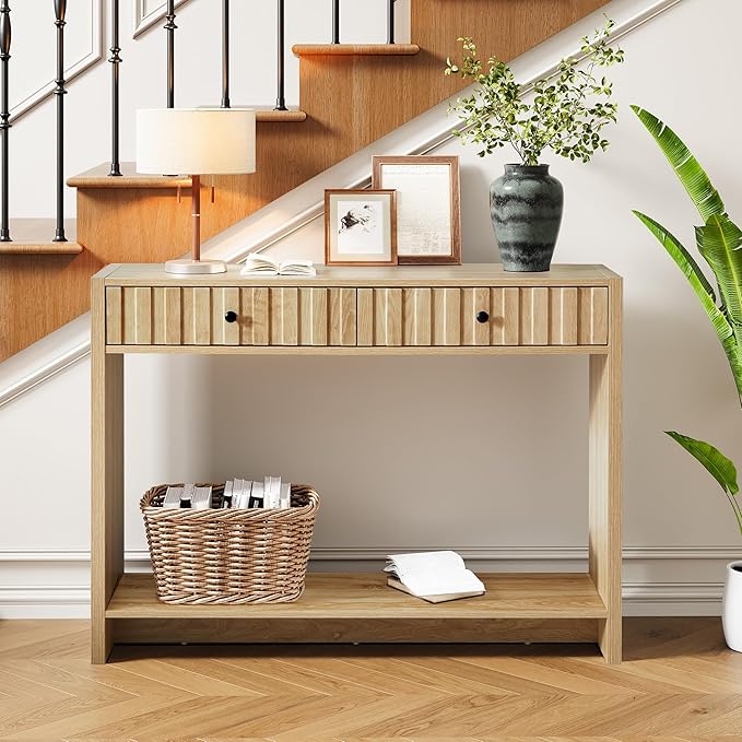 Console Table with Drawers, Narrow Mid-Century Fluted Entryway Table Sofa Table with Storage Shelf, Wood Entry Table Accent Behind Couch Ta ble for Entrance, Hallway, Living Room (Natural)