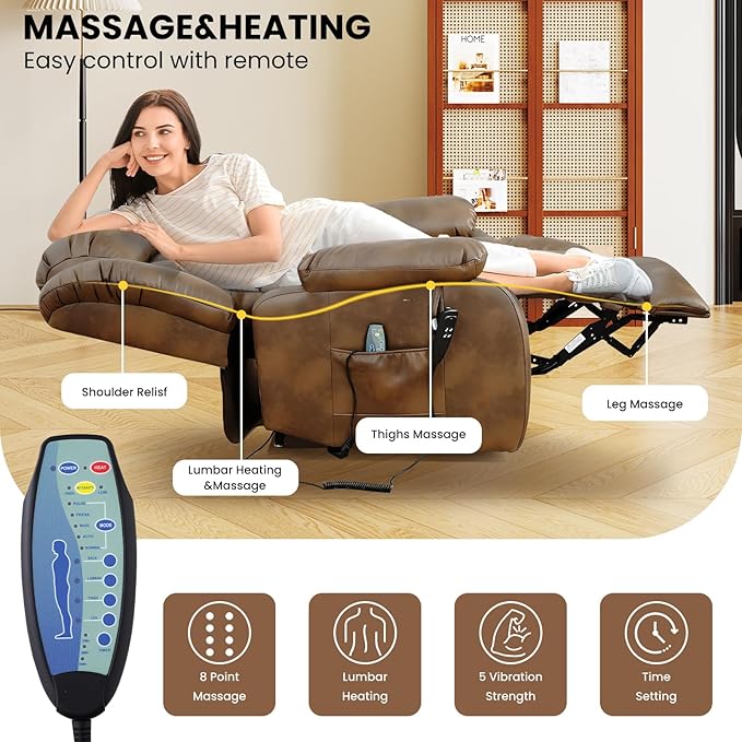 TEKAMON Power Lift Recliner Chair for Elderly, Dual Motor Genuine Leather Recliner with Heat & Massage, Lay Flat Sleeping Chairs with Infinite Position, Remote Control & USB Ports