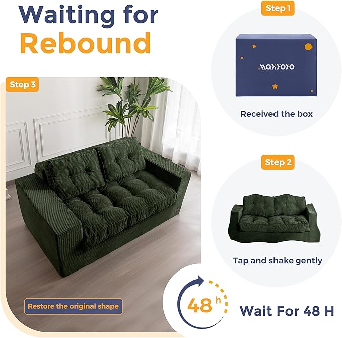 MAXYOYO Bean Bag Chair for Adults, Upholstered Floor Sofa with Armrests, Loveseat Boneless Couch with Tufted Cushion & Backrest, Sofa in A Box, Large Bean Bag Couch for Bedroom Living Room, Green