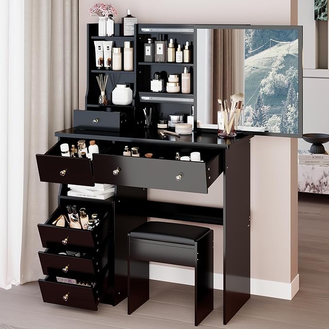37" Vanity Desk with Mirror, Makeup Table with Sliding Mirror, Dressing Table with Multi Layer High Capacity Storage, Vanity Set with 6 Drawers and Stool for Bedroom, Black