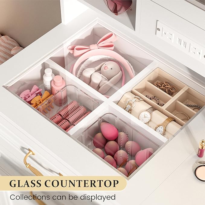 Makeup Vanity Desk with Mirror and Lights - Vanity Table Set with Glass Top Storage Drawer and Bench for Bedroom, in White and Gold