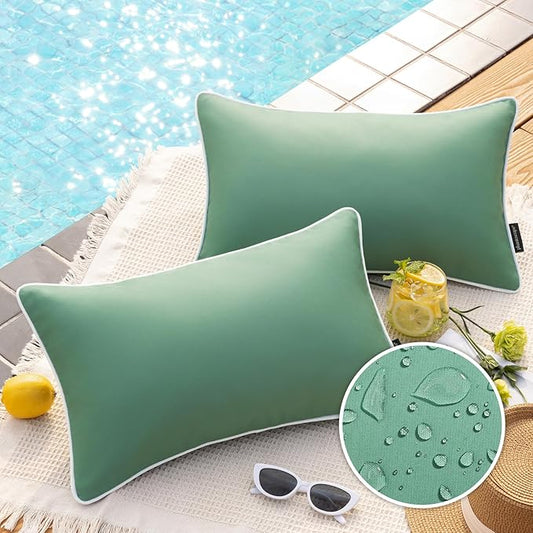 Phantoscope Pack of 2 Outdoor Waterproof Throw Pillow Covers Decorative Square Cushion Case Patio Pillows for Couch Tent Sunbrella, Pine Green 12x20 inches
