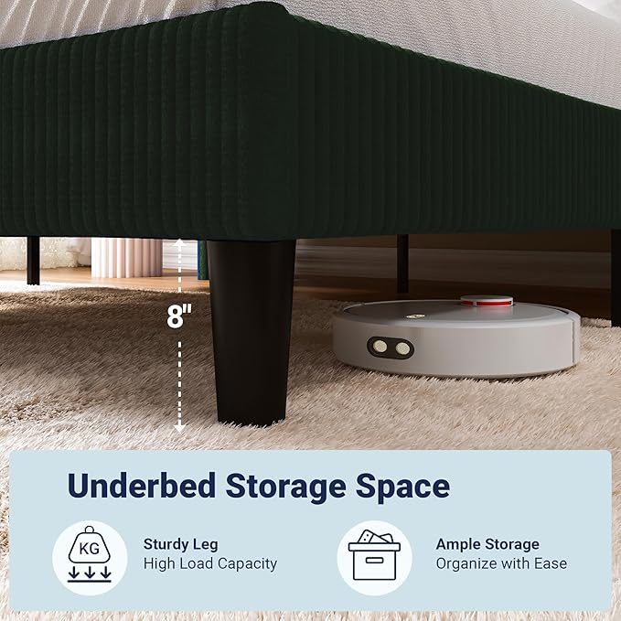 Allewie Full Size Bed Frame with Upholstered Wingback Headboard, Vertical Channel Tufted Corduroy Velvet Platform Bed, Strong Wooden Slats Support, No Box Spring Needed, Easy Assembly, Dark Green