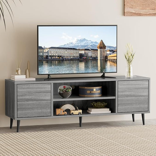 Flamaker Mid Century Modern TV Stand for 65 inch TV, Entertainment Center with Storage, Media Console with Sturdy Legs, Push-to-Open Cabinets, Wooden Living Room Furniture, Bright Gray