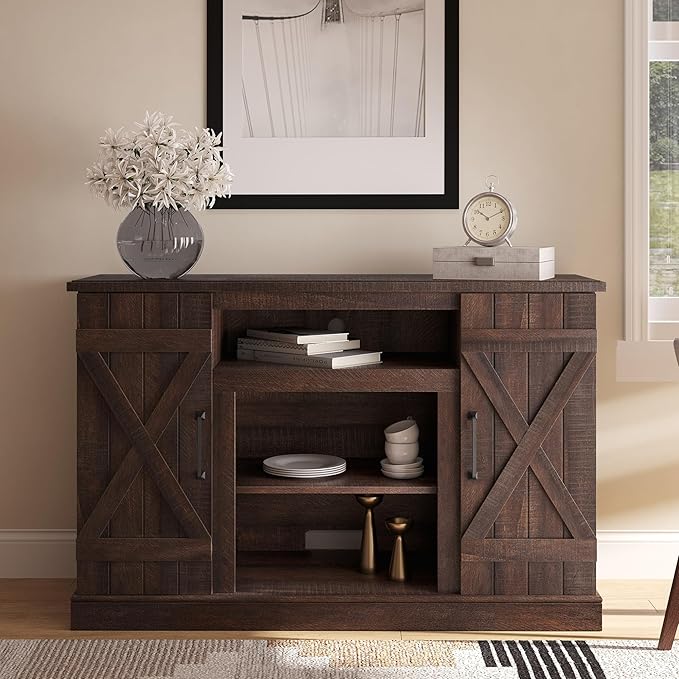 BELLEZE Industrial 47 Inch Rustic Wood TV Stand & Media Entertainment Center Console Table for TVs up to 50 Inch w/Open Storage Shelves & Cabinets - Veropeso (Espresso)