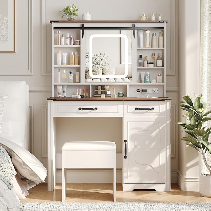 Farmhouse Makeup Vanity Desk with Sliding Mirror and Lights and Charging Station, White Vanity with Shelves and Drawers and Storage Cabinet, Make Up Vanity Desk with Cushioned Stool for Bedroom