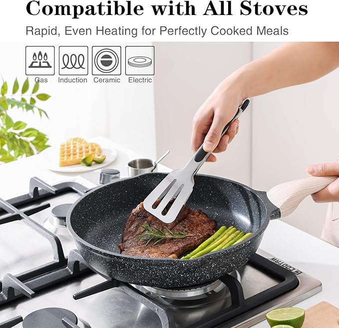 Nonstick Frying Pan Set with Lids, 3 Piece Skillet Set, Healthy Induction Cookware Cooking Pan, Stay-Cool Handle, Compatible with All Stovetops, PFOA Free (9.5, 11, 12.5 Inch)