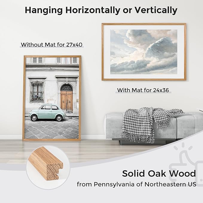 Axeman 27x40 Picture Frame with Mat for 24x36, Solid Oak Wood Poster Frame with Tempered Glass for Home Decor, Wooden 27''x40'' Minimalist Photo Frame Movie Poster Frame with Wall Hooks, Natural