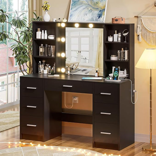 Large Vanity Desk with Mirror, 10 Lights and Power Outlet, Makeup Vanity with Shelves and 7 Drawers, Vanity Desk Dressing Table with 3 Color Light Adjustable, Vanity Table for Bedroom (Black)