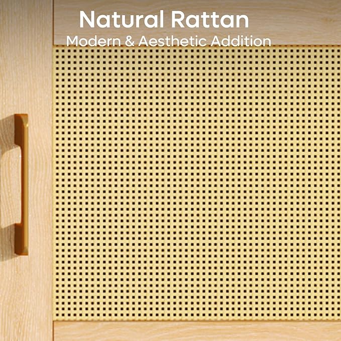 Bestier 80 Inch Natural Rattan TV Stand with Storage for 85 Inch TV, 4-in-1 Mid Century Modern Entertainment Center with LED Lights, Doors and Adjustable Glass Shelves for Living Room, Natural