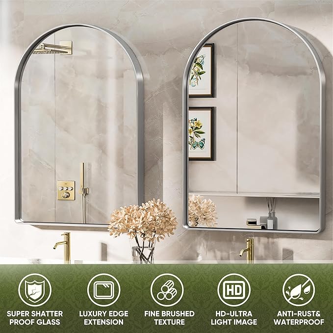 Suidia 22" x 30" Bathroom Mirror, Bathroom Vanity Mirror Metal Framed, Wall-Mounted Mirrors for Bedroom, Living Room, Entryway, Hallway, Silver, Arch Style