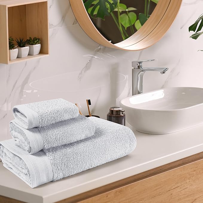 Ultra Soft 3 Pack Cotton Towel Set, Contains a Bath Towels 28x55 inch, a Hand Towels 16x24 inch & a Wash Coths 12x12 inch, Ideal Everyday use, Compact & Lightweight - Light Grey