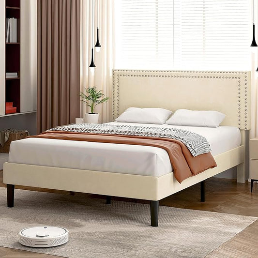 VECELO Queen Size Bed Frame with Adjustable Upholstered Headboard, Wooden Slats Platform, Noise-Free Design, Easy Assembly