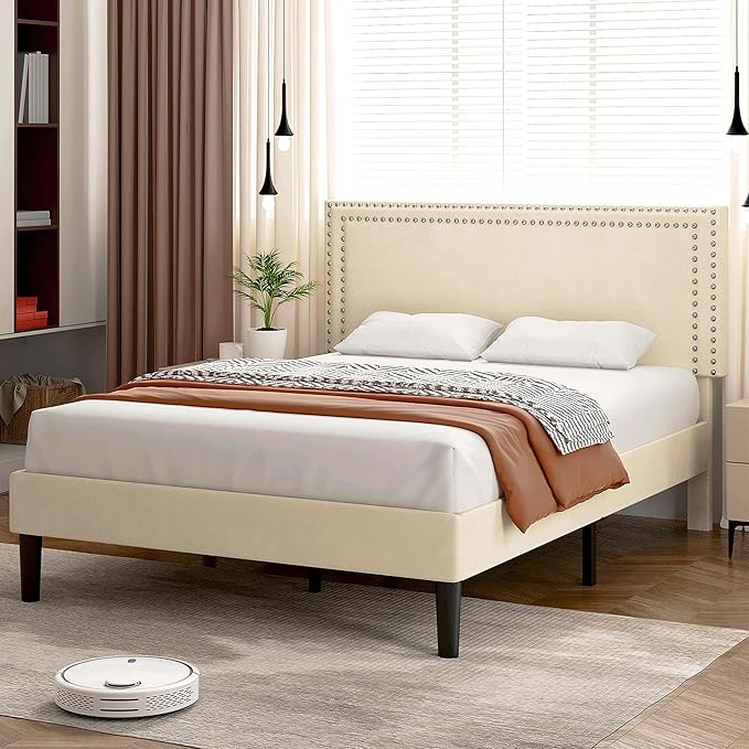 VECELO Full Size Bed Frame with Adjustable Upholstered Headboard, Wooden Slats Platform, Noise-Free Design, Easy Assembly