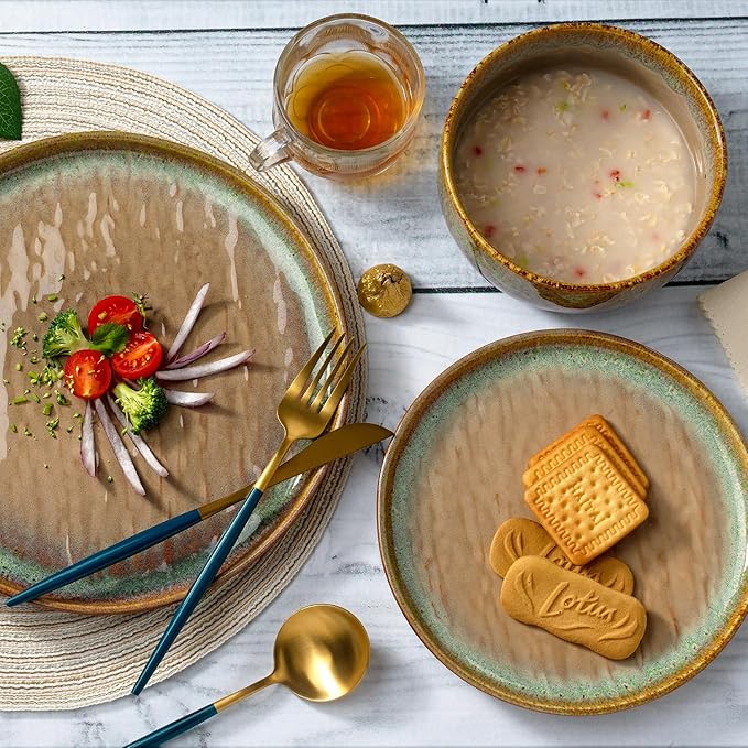 “Alyssa” 12-Piece Stoneware Dinnerware Set with Reactive Glaze Finish, Service for 4, Brown Reactive Glaze