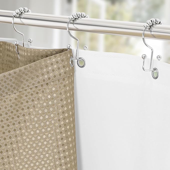 3 in 1 Stall Half Size Beige Shower Curtain Set-36 W x 72 H, Tan Waffle Waterproof Fabric and PEVA Liner Set with Stainless Steel Hooks