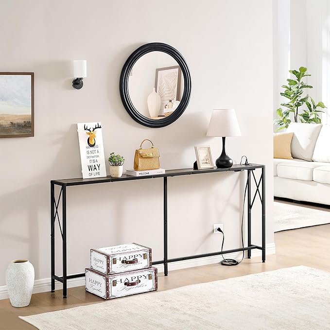 70" Sofa Tables Narrow Long, Behind Couch Table with Oulets & USB Ports, Industrial Long Skinny Stand for Entryway,Hallway, Living Room, Bedroom 7.9" D x 70" W x 24.8" H