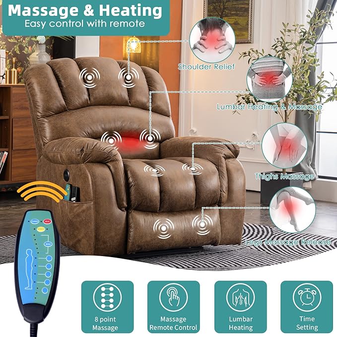 MEETWARM Large Infinite Position Dual Motor Recliner Chair for Big and Tall Elderly, Oversized Lay Flat Sleeper Power Lift Recliner with Massage Heat, 2 Remote Controls/USB Port/Side Pockets(Brown)