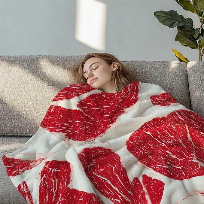 Funny Throw Blanket, Funny Realistic Food Blanket, Beef Printed Gift for Men Women, Lightweight Fleece for Sofa, Bedroom, Home Decor, 50x60 Inches