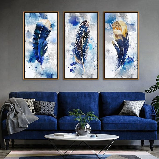 Framed wall art Feather Canvas Wall Art for Living Room Bedroom Large Modern Artwork Blue Watercolor feather Print picture 3 pieces Framed Wall Decor Ready to Hang for Home Office Decoration (With