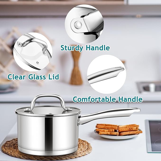 E-far Stainless Steel Saucepan with Lid Set - 1QT & 2QT &3QT, Triply Sauce Pan Induction Pot for Cooking, Boiling, Compatible with All Stoves, Visible Lid, Healthy & Non Toxic, Oven & Dishwasher Safe