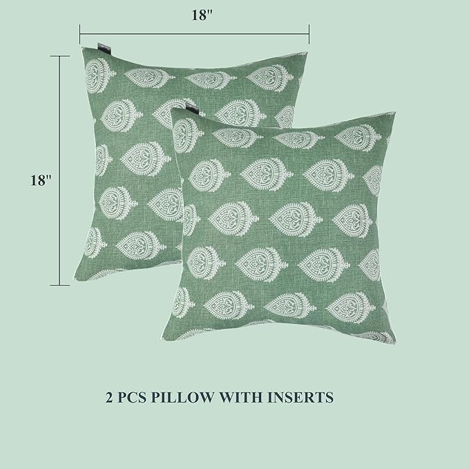 FUNHOME Outdoor Indoor Throw Pillows 18”x18”, Set of 2 Decorative Throw Pillows with Inserts, All Weather Water-Repellent Square Pillows for Bed, Couch, Sofa and Patio Furniture -Fair Green